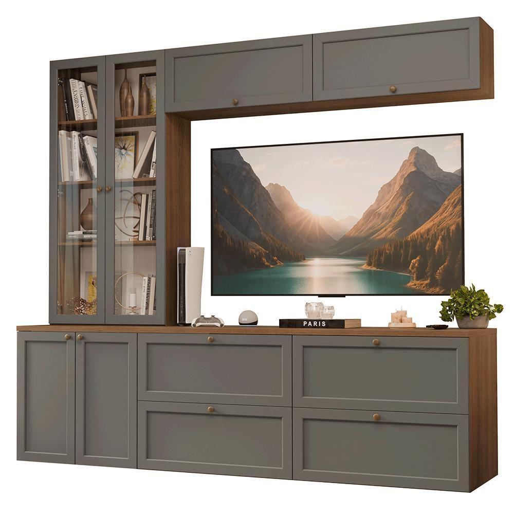 Estante Sala De Estar Com Rack + Cristaleira 230cm Vik Madesa 01 Rustic-cinza - 2