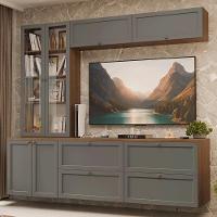 Estante Sala De Estar Com Rack + Cristaleira 230cm Vik Madesa 01 Rustic-cinza - 1