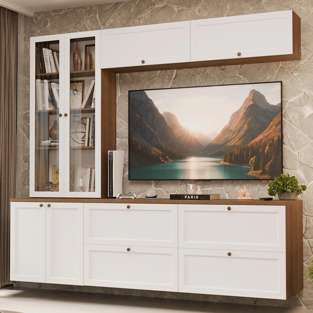 Estante Sala De Estar Com Rack + Cristaleira 230cm Vik Madesa 01 Rustic-branco - 1