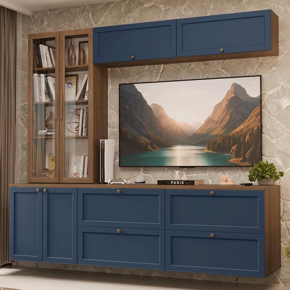 Estante Sala De Estar Com Rack + Cristaleira 230cm Vik Madesa 02 Rustic-azul - 1