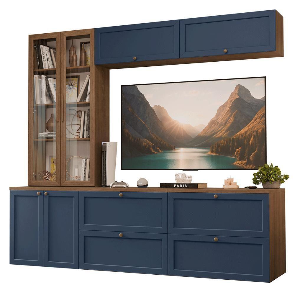 Estante Sala De Estar Com Rack + Cristaleira 230cm Vik Madesa 02 Rustic-azul - 2