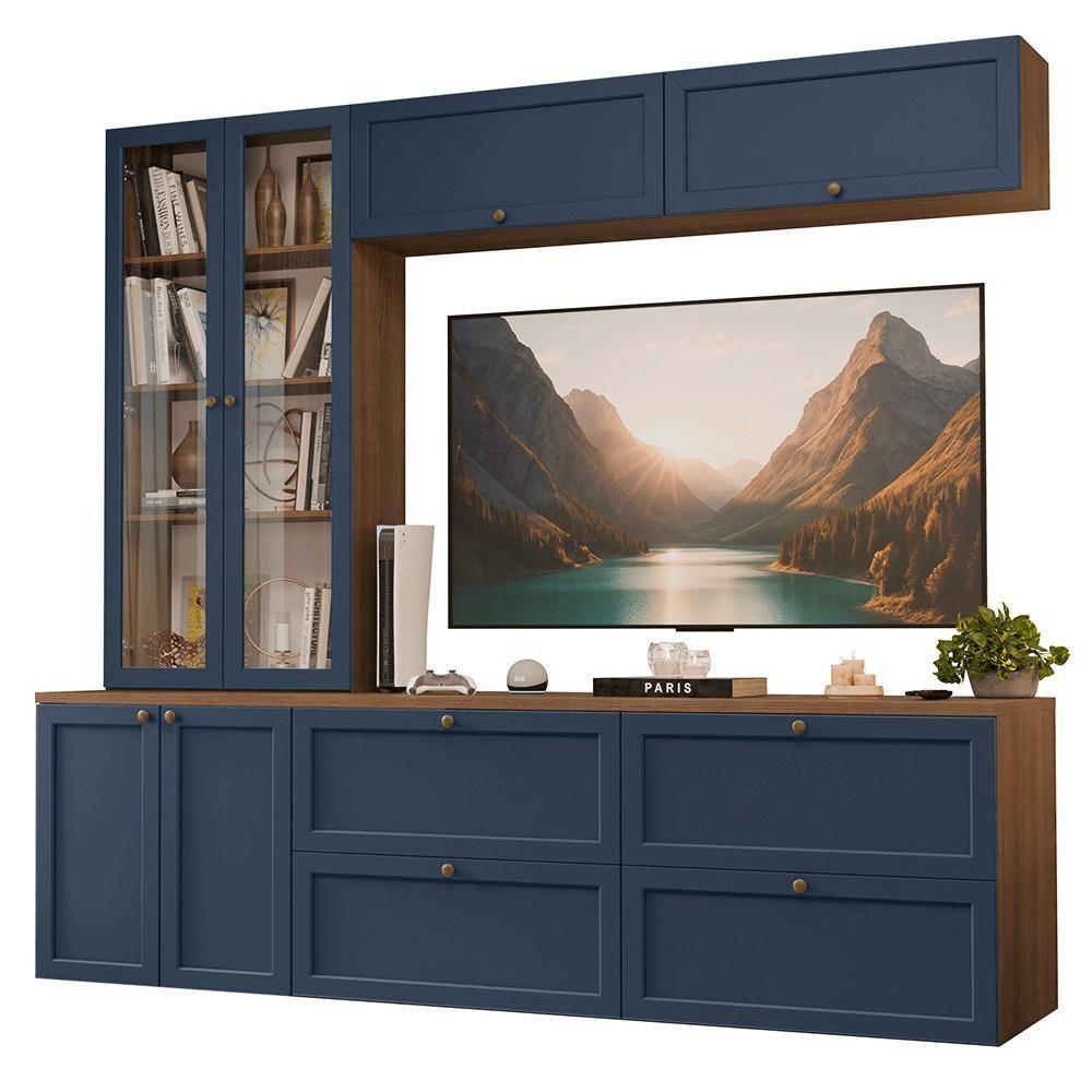 Estante Sala De Estar Com Rack + Cristaleira 230cm Vik Madesa 01 Rustic-azul - 2