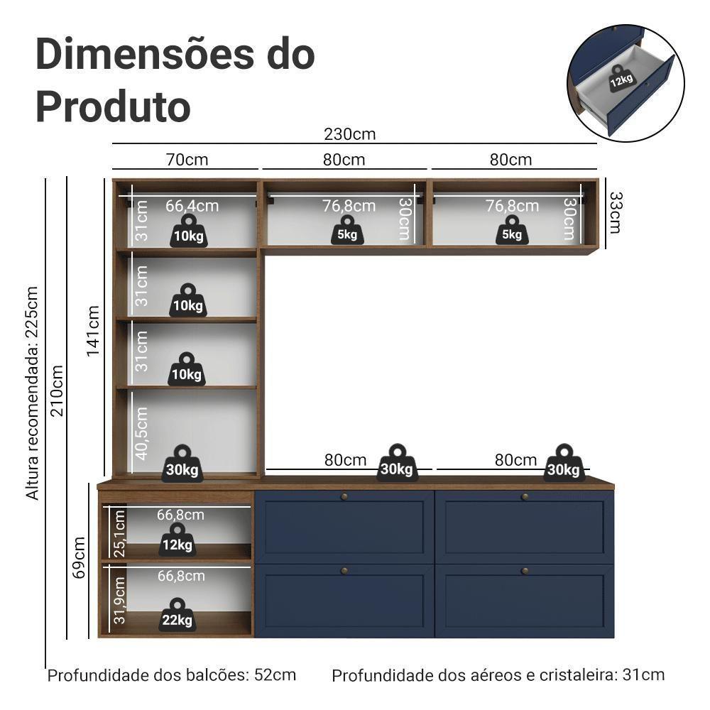 Estante Sala De Estar Com Rack + Cristaleira 230cm Vik Madesa 01 Rustic-azul - 3