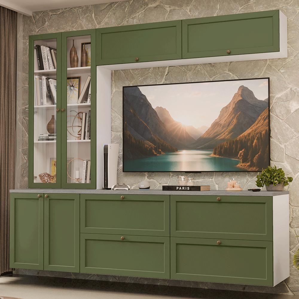 Estante Sala De Estar Com Rack + Cristaleira 230cm Vik Madesa 01 Branco-verde - 1