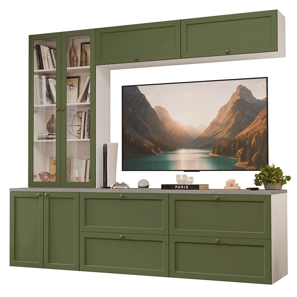 Estante Sala De Estar Com Rack + Cristaleira 230cm Vik Madesa 01 Branco-verde - 2