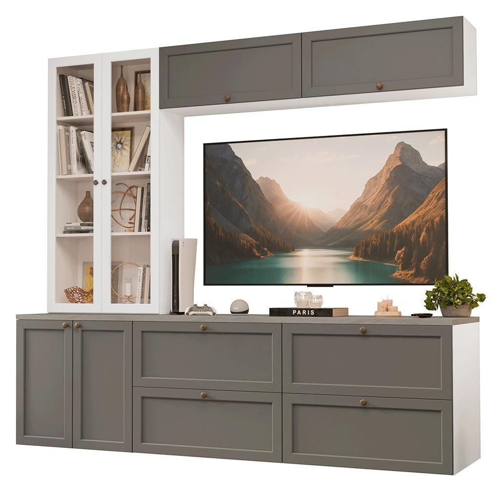 Estante Sala De Estar Com Rack + Cristaleira 230cm Vik Madesa 01 Branco-cinza - 2