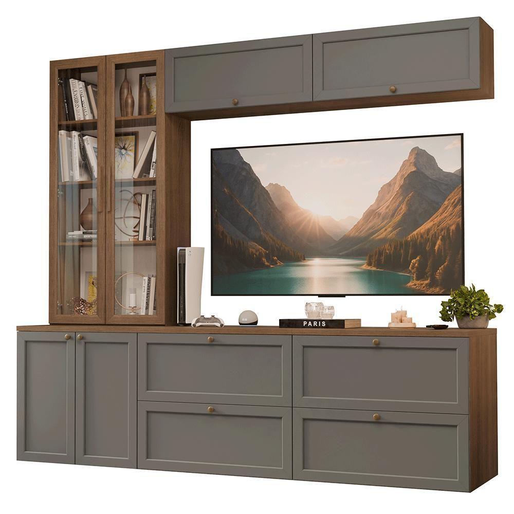 Estante Sala De Estar Com Rack + Cristaleira 230cm Vik Madesa 02 Rustic-cinza - 2