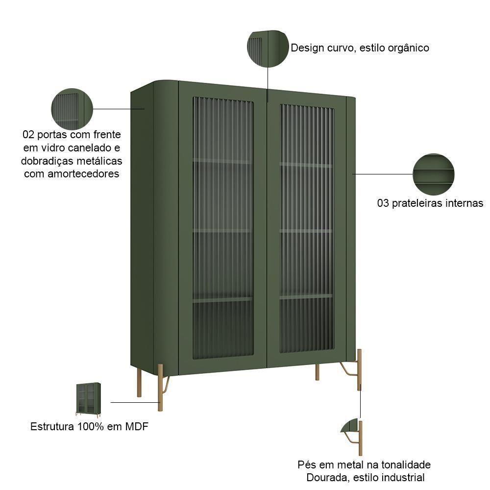 Cristaleira Sala De Jantar 2 Portas Vidro Pés Industrial Dourado Naim I03 Musgo - Lyam Decor - 2
