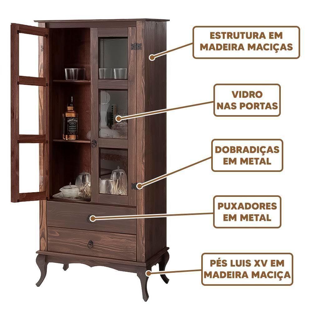 Cristaleira Rústica Portas De Vidro Madeira Maciça 2 Gavetas - Imbuia - 3