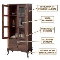 Cristaleira Rústica Portas De Vidro Madeira Maciça 2 Gavetas - Imbuia - 3