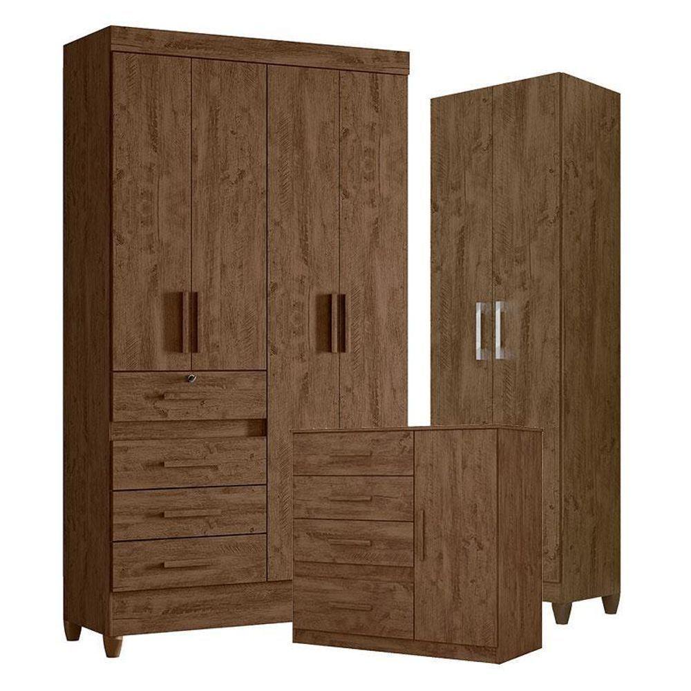 Guarda Roupa Solteiro Sobral Com Cômoda Vênus E Armário Multiuso New íris Castanho Wood – Moval - 1