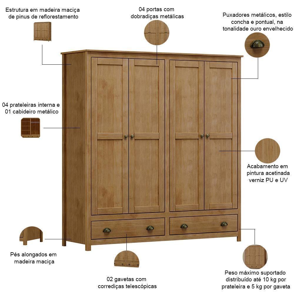 Guarda Roupa Casal 4 Portas 2 Gavetas Madeira Maciça Mazzaro F06 Freijó - Lyam Decor - 6