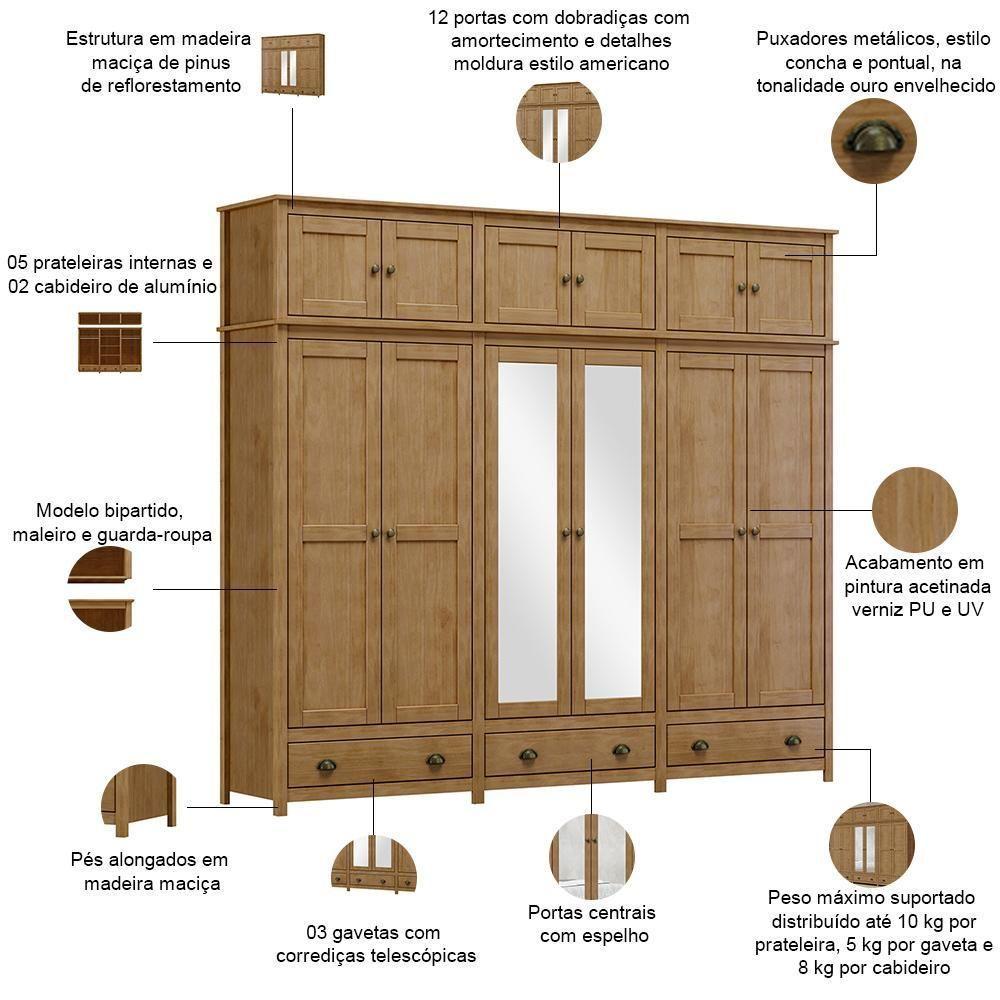 Guarda Roupa Casal 12 Portas Com Espelho E Maleiro Mazzaro F06 Freijó - Lyam Decor - 5