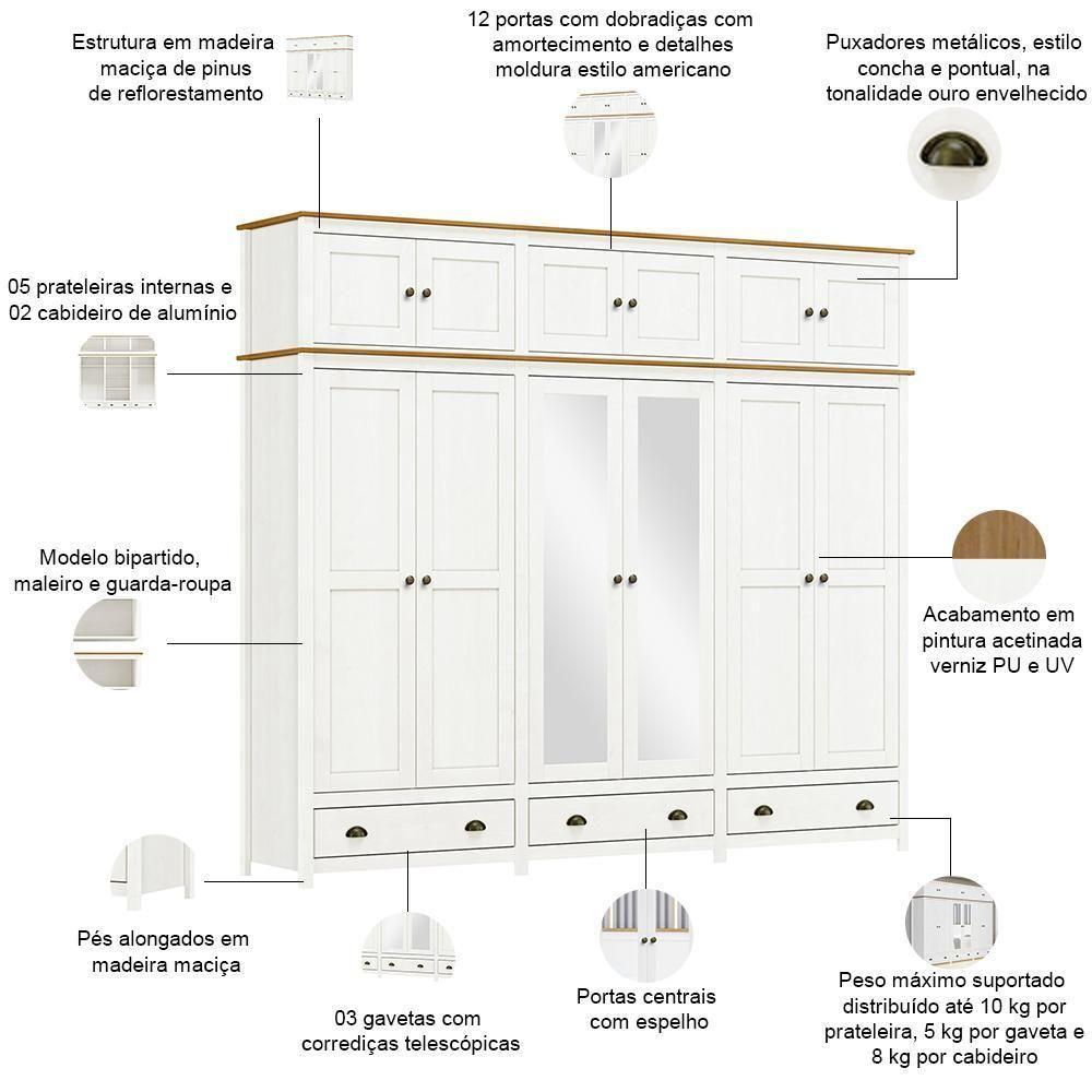 Guarda Roupa Casal 12 Portas Com Espelho E Maleiro Mazzaro F06 Branco Freijó - Lyam Decor - 4