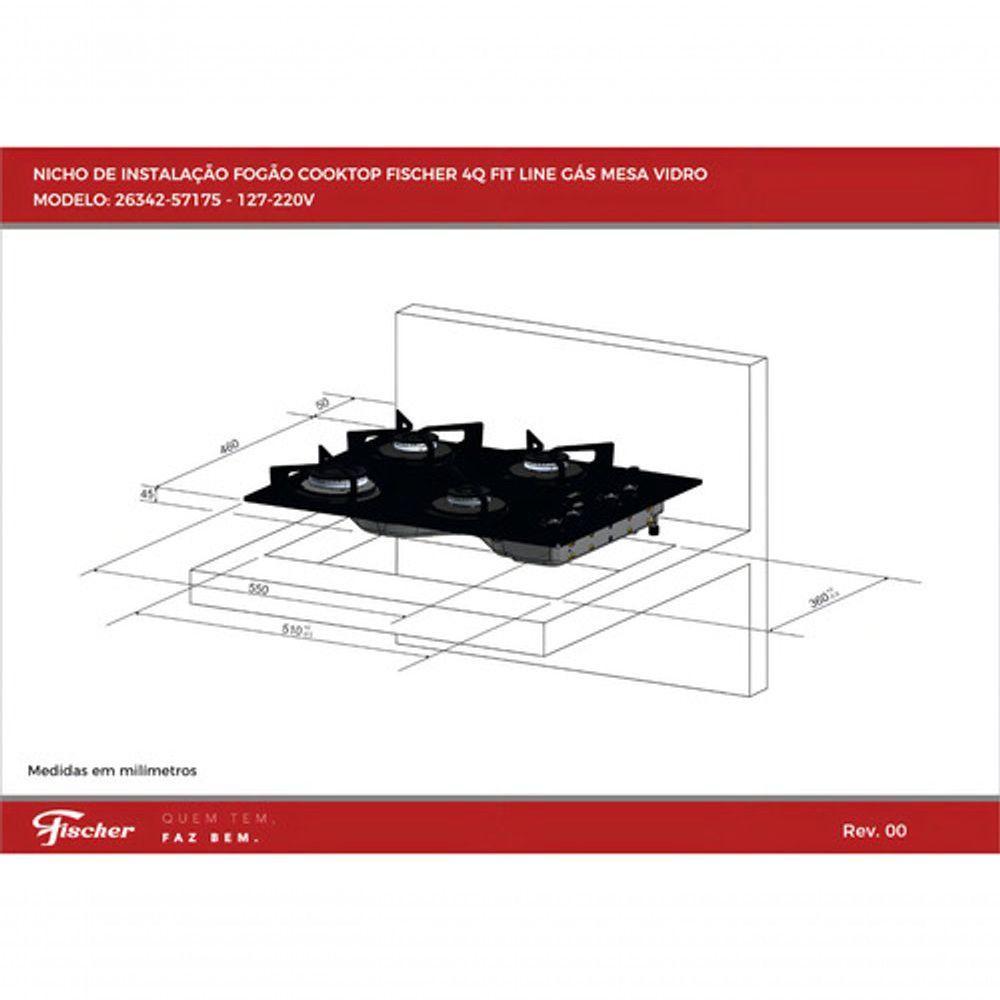 Fogão Cooktop Fischer 4 Queimadores Fit Line Gás Mesa Vidro 26342-57175 Preto Bivolt - 5