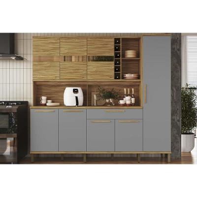Kit de Cozinha Compacta Touriga 8 Portas 1 Gaveta MDF Amêndoa e Cinza 222cm