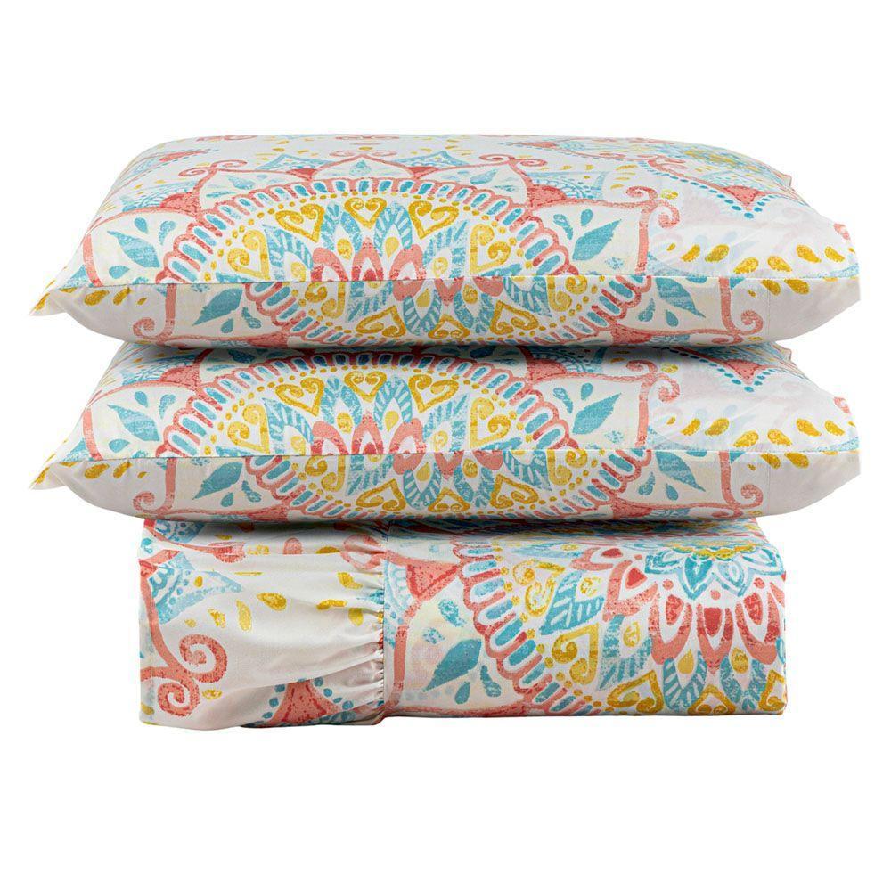 Kit Cobre Leito Colcha Turin Queen Estampada C/ Babado 400 Fios 3 Peças Mandala Vermelha Bege - 1