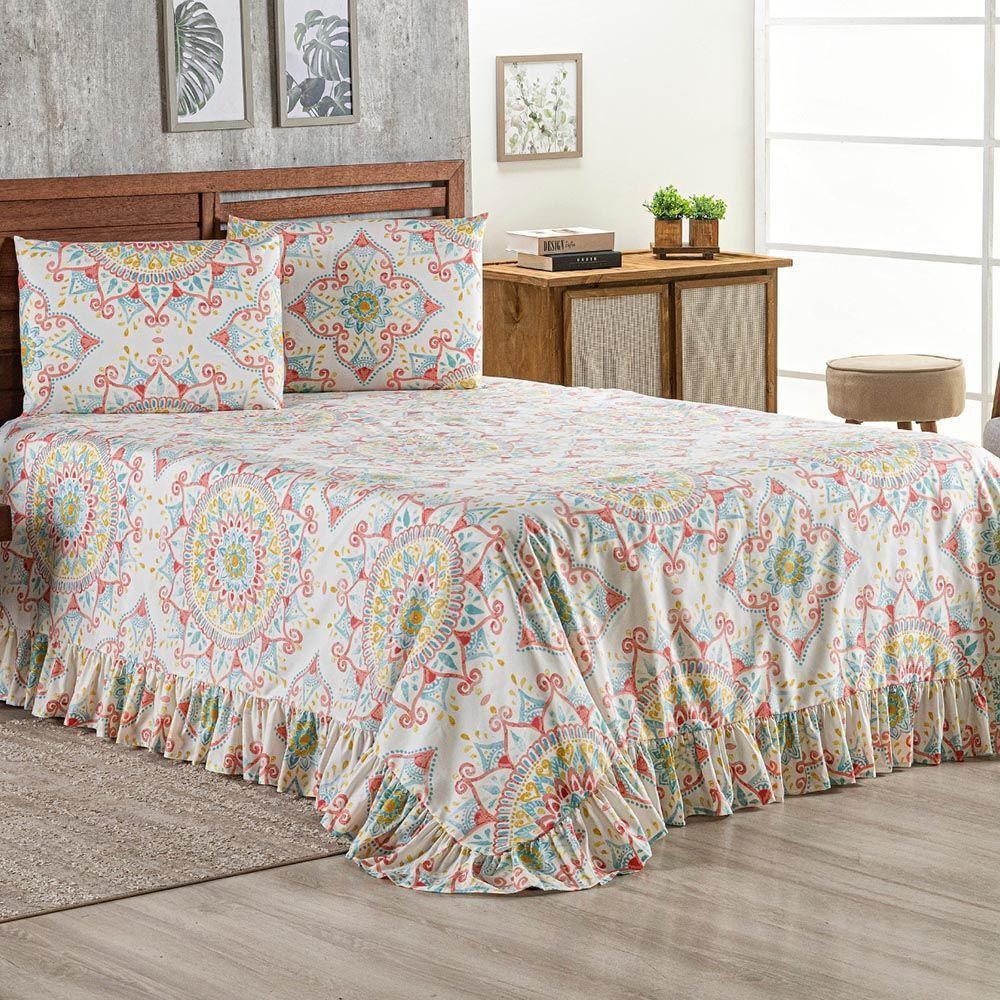 Kit Cobre Leito Colcha Turin Queen Estampada C/ Babado 400 Fios 3 Peças Mandala Vermelha Bege - 2