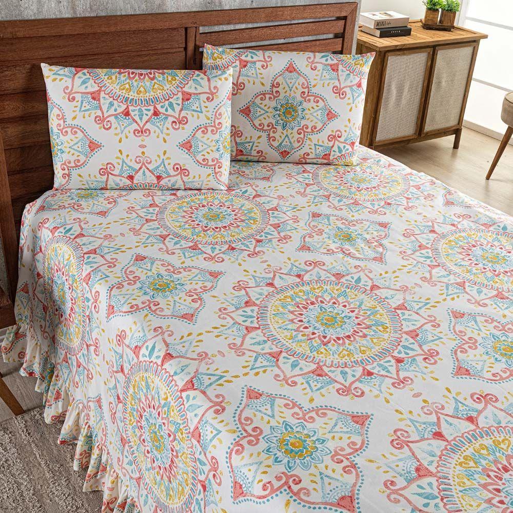 Kit Cobre Leito Colcha Turin Queen Estampada C/ Babado 400 Fios 3 Peças Mandala Vermelha Bege - 3