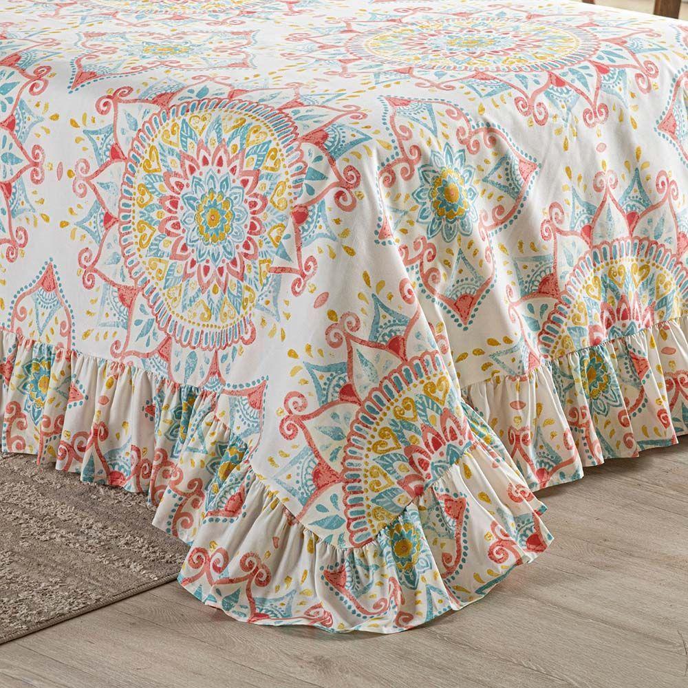 Kit Cobre Leito Colcha Turin Queen Estampada C/ Babado 400 Fios 3 Peças Mandala Vermelha Bege - 4