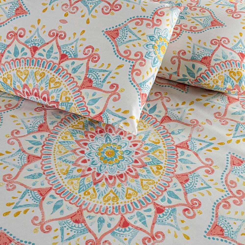 Kit Cobre Leito Colcha Turin Casal Estampada C/ Babado 400 Fios 3 Peças Mandala Vermelha Bege - 5