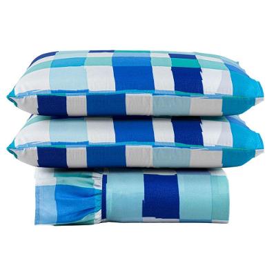 Kit Cobre Leito Colcha Bella Casal 3 Peças 400 Fios Estampado Com Babado - Quadri Azul 4 - 100% Poliéster