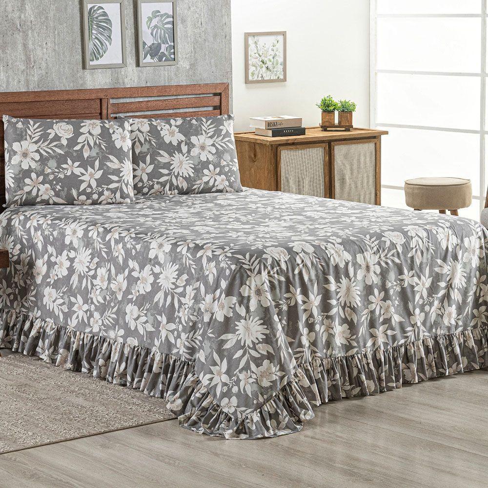 Kit Cobre Leito Colcha Turin Queen Estampada C/ Babado 400 Fios 3 Peças Florido Flores Cinza - 2