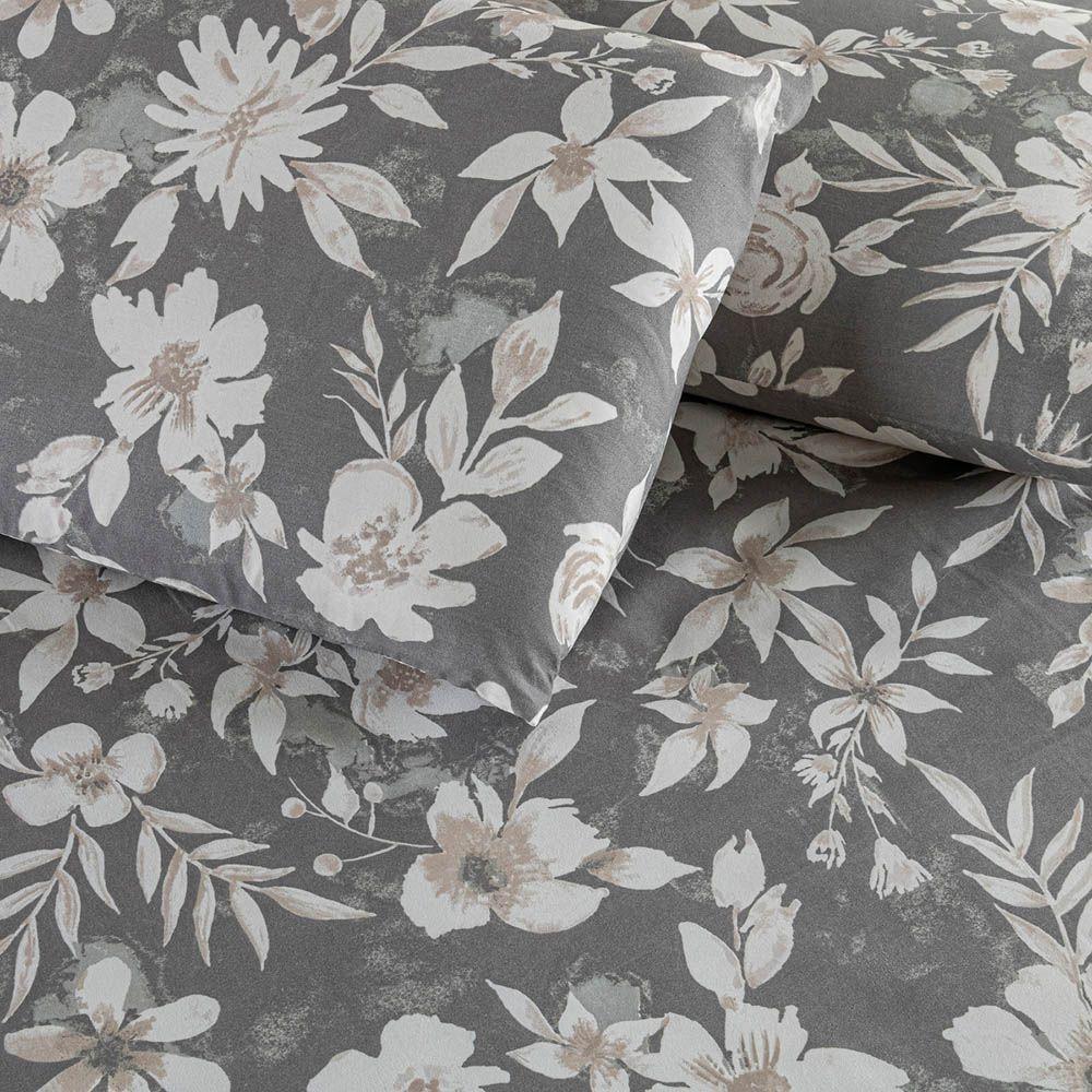 Kit Cobre Leito Colcha Turin Queen Estampada C/ Babado 400 Fios 3 Peças Florido Flores Cinza - 5