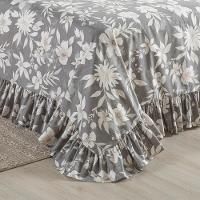 Kit Cobre Leito Colcha Turin Queen Estampada C/ Babado 400 Fios 3 Peças Florido Flores Cinza