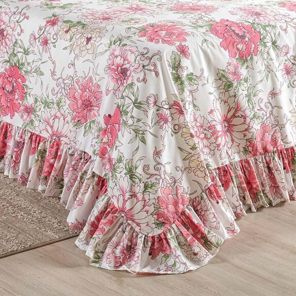 Kit Cobre Leito Colcha Turin Casal Estampada C/ Babado 400 Fios 3 Peças Flores Floral Rosa - 4