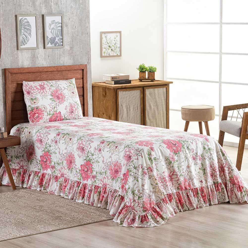 Kit Cobre Leito Colcha Bella Solteiro 2 Peças 400 Fios Estampado Com Babado - Floral 2 - 100% Poliéster - 2