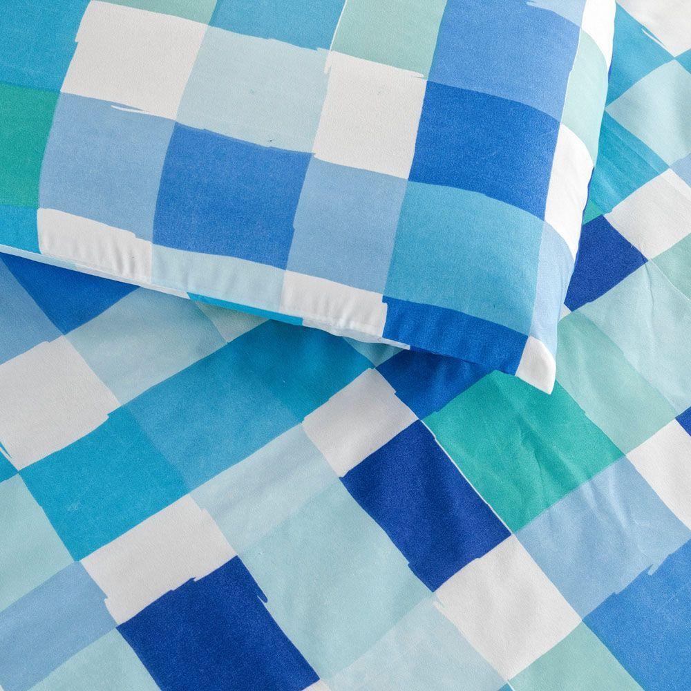Kit Cobre Leito Colcha Turin Solteiro Estampada C/ Babado 400 Fios 2 Peças Xadrez Quadriculado Azul - 4