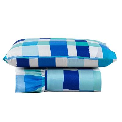 Kit Cobre Leito Colcha Turin Solteiro Estampada C/ Babado 400 Fios 2 Peças Xadrez Quadriculado Azul