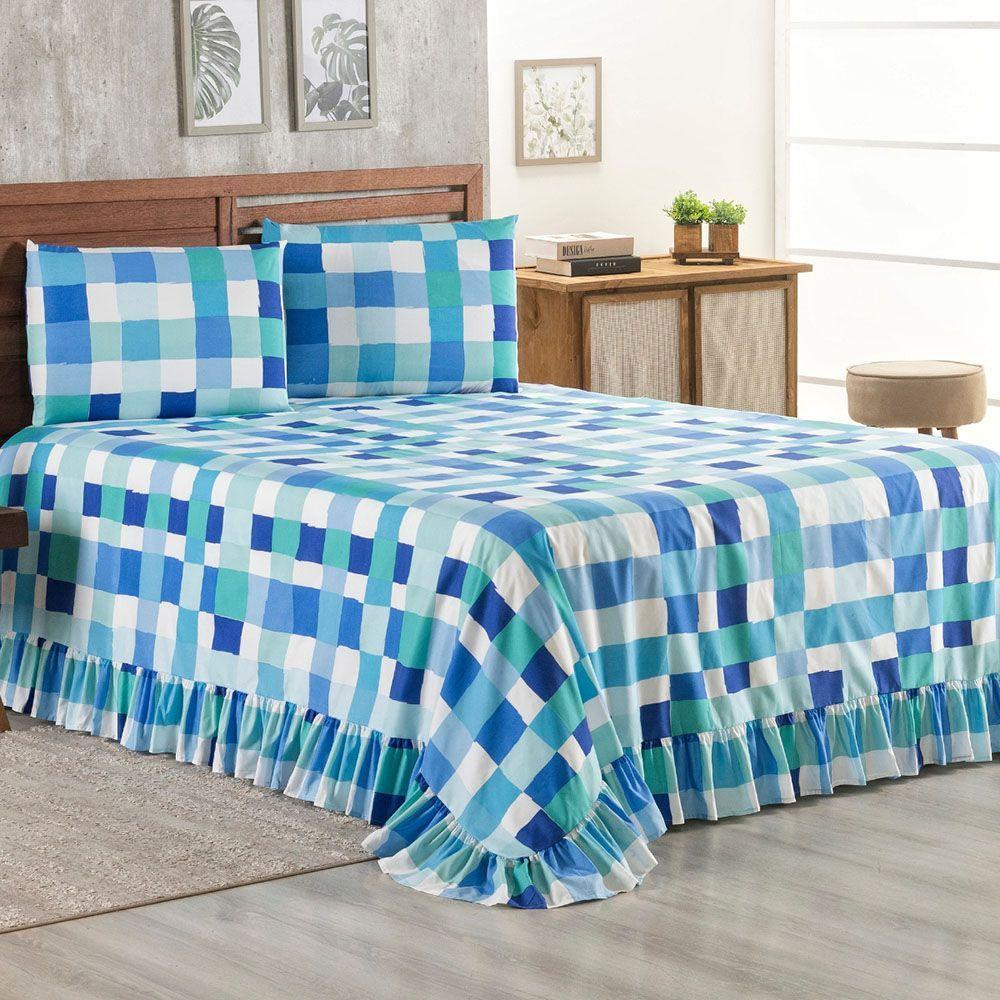 Kit Cobre Leito Colcha Turin Casal Estampada C/ Babado 400 Fios 3 Peças Xadrez Quadriculado Azul - 2