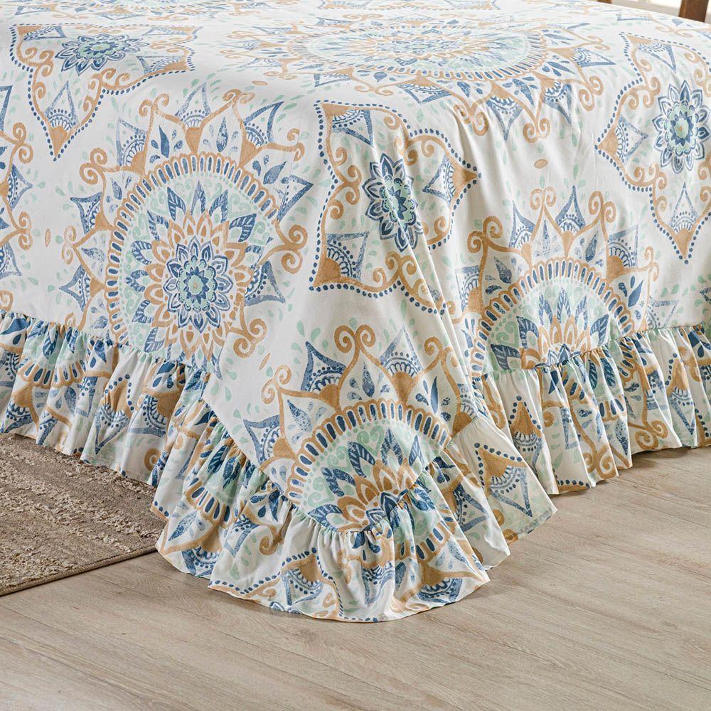 Kit Cobre Leito Colcha Turin Casal Estampada C/ Babado 400 Fios 3 Peças Mandala Azul Bege - 100% Poliéster - 4