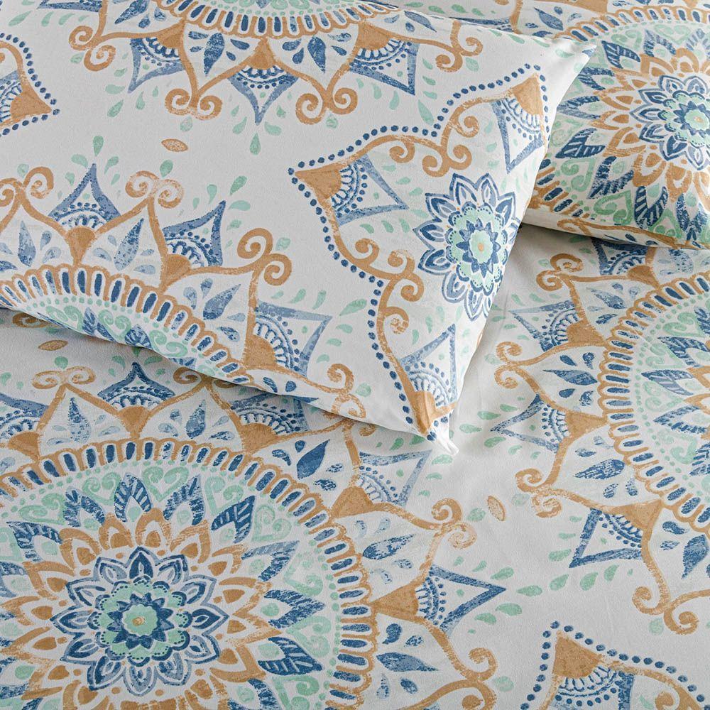 Kit Cobre Leito Colcha Turin Casal Estampada C/ Babado 400 Fios 3 Peças Mandala Azul Bege - 100% Poliéster - 5