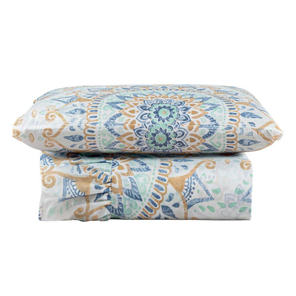 Kit Cobre Leito Colcha Bella Solteiro 2 Peças 400 Fios Estampado Com Babado - Mandala 5 - 100% Poliéster - 1