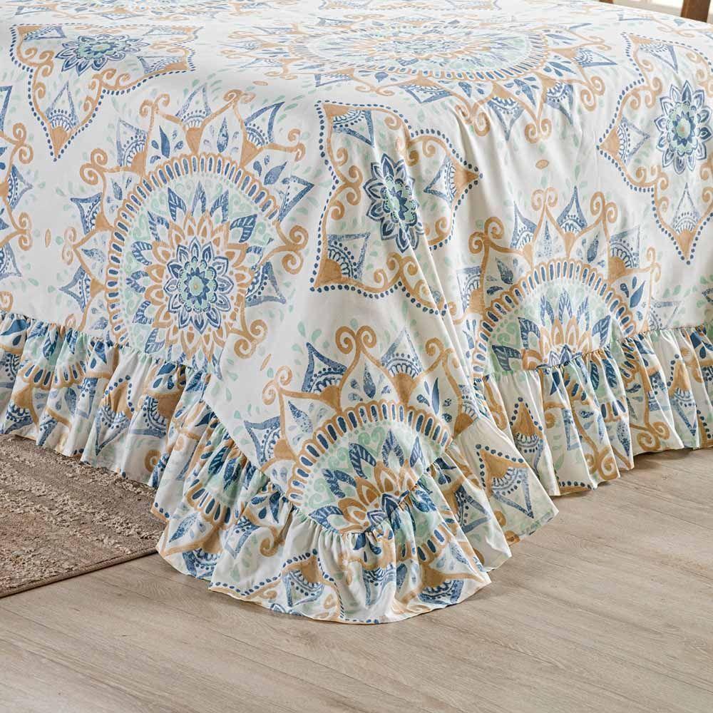 Kit Cobre Leito Colcha Bella Solteiro 2 Peças 400 Fios Estampado Com Babado - Mandala 5 - 100% Poliéster - 3