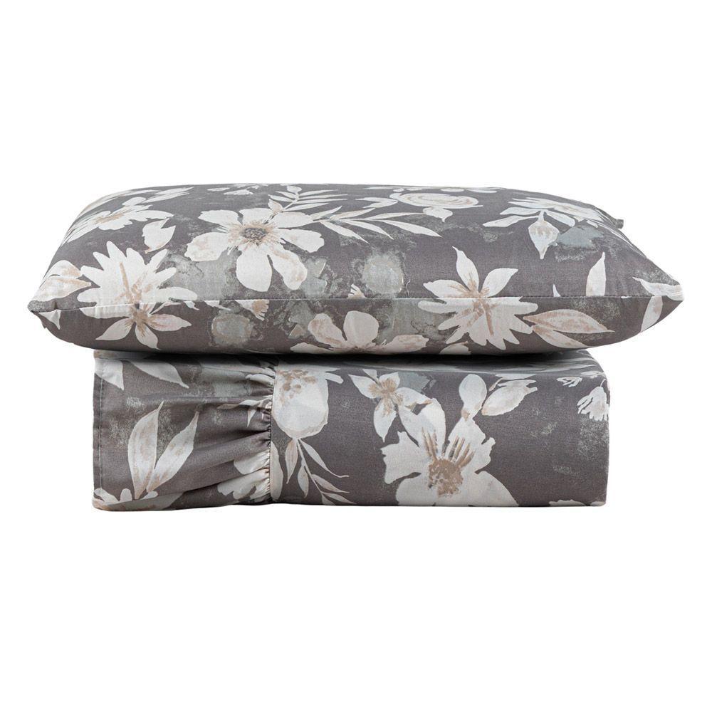 Kit Cobre Leito Colcha Turin Solteiro Estampada C/ Babado 400 Fios 2 Peças Florido Flores Cinza - 1