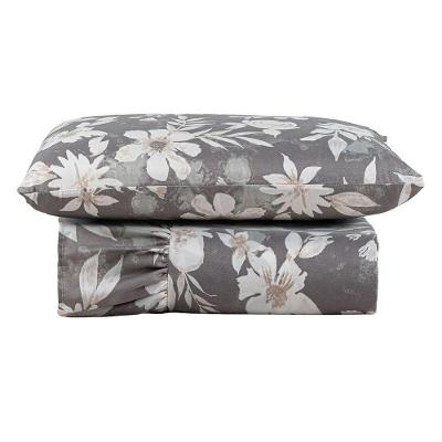 Kit Cobre Leito Colcha Turin Solteiro Estampada C/ Babado 400 Fios 2 Peças Florido Flores Cinza