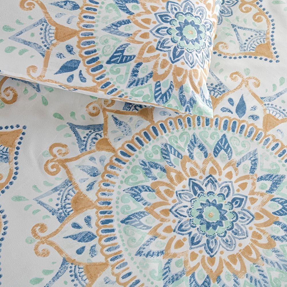 Kit Cobre Leito Colcha Turin Solteiro Estampada C/ Babado 400 Fios 2 Peças Mandala Azul Bege - 4