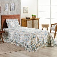 Kit Cobre Leito Colcha Turin Solteiro Estampada C/ Babado 400 Fios 2 Peças Mandala Azul Bege - 2