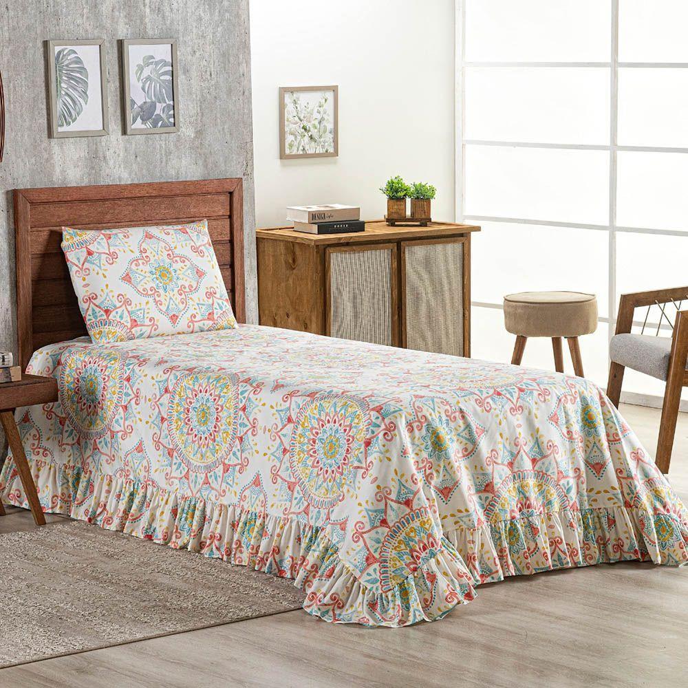 Kit Cobre Leito Colcha Turin Solteiro Estampada C/ Babado 400 Fios 2 Peças Mandala Vermelha Bege - 2