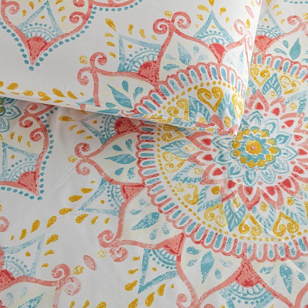 Kit Cobre Leito Colcha Turin Solteiro Estampada C/ Babado 400 Fios 2 Peças Mandala Vermelha Bege - 4