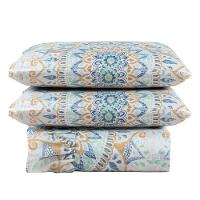 Kit Cobre Leito Colcha Turin Queen Estampada C/ Babado 400 Fios 3 Peças Mandala Azul Bege - 1