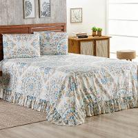 Kit Cobre Leito Colcha Turin Queen Estampada C/ Babado 400 Fios 3 Peças Mandala Azul Bege - 2