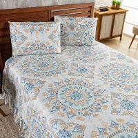 Kit Cobre Leito Colcha Turin Queen Estampada C/ Babado 400 Fios 3 Peças Mandala Azul Bege - 3