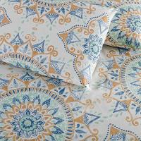 Kit Cobre Leito Colcha Turin Queen Estampada C/ Babado 400 Fios 3 Peças Mandala Azul Bege - 5