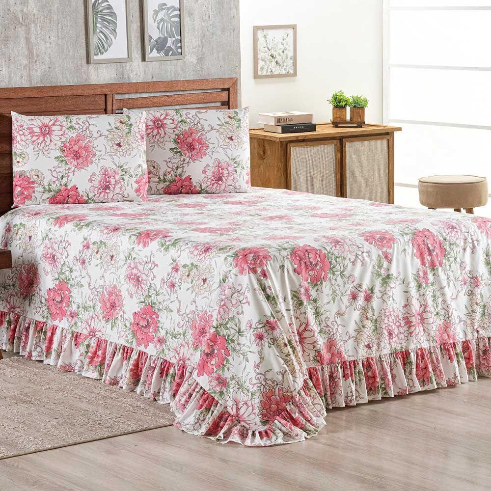 Kit Cobre Leito Colcha Bella Casal 3 Peças 400 Fios Estampado Com Babado - Floral 1 - 100% Poliéster - 2