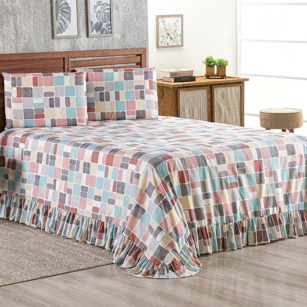 Kit Cobre Leito Colcha Bella Casal 3 Peças 400 Fios Estampado Com Babado - Positano 1 - 100% Poliéster - 2